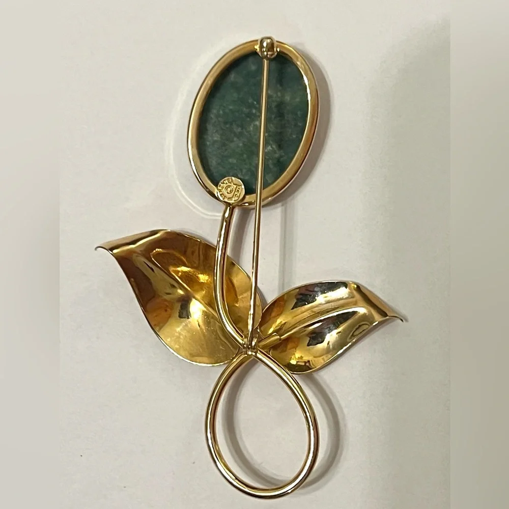 Vintage Mid Century Jade Leaf Brooch Pin - 1/20 12K GF- Rolyn R INC / HNC